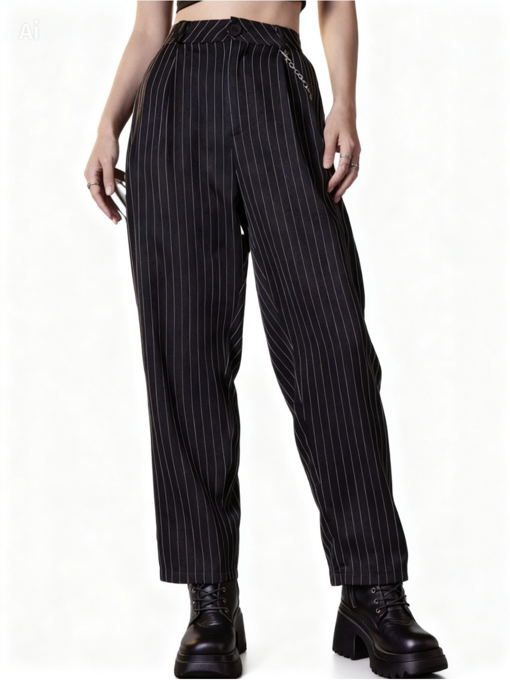 Black Pinstripe High-Waist Straight Leg Trousers